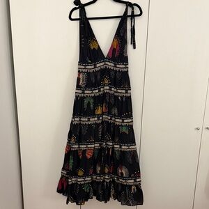 FARM Rio Black Tiered Maxi Dress with Multicolor Floral Motifs